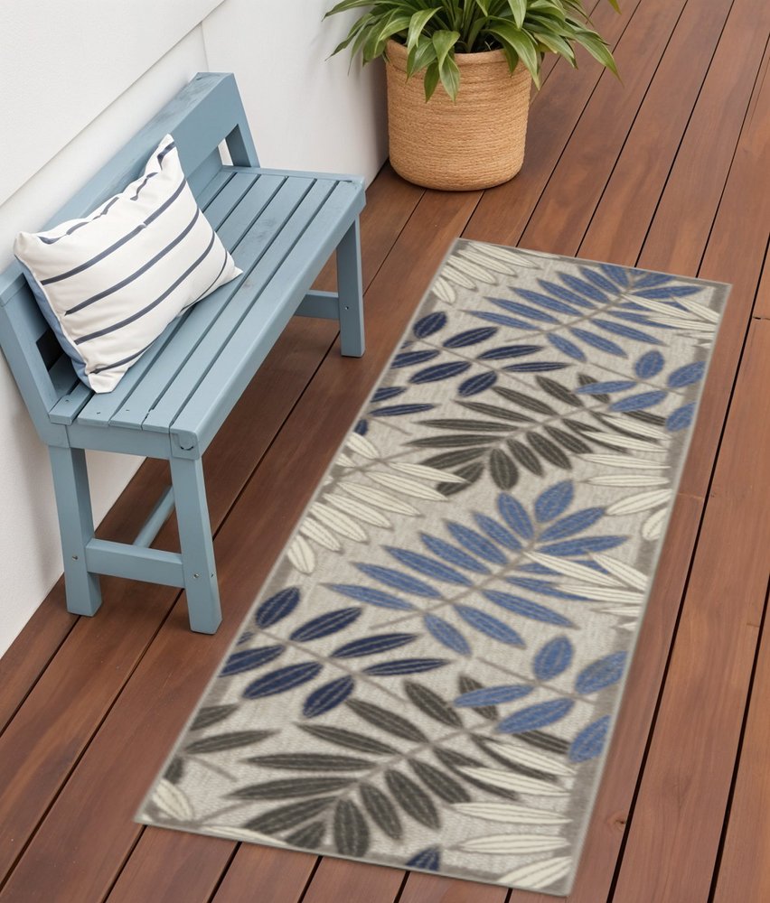 5' Blue And Gray Round Floral Indoor Outdoor Area Rug