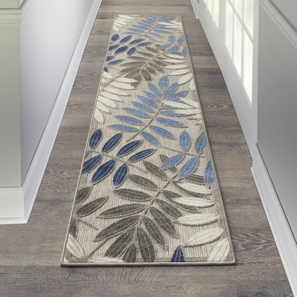 8' Blue And Gray Round Floral Indoor Outdoor Area Rug