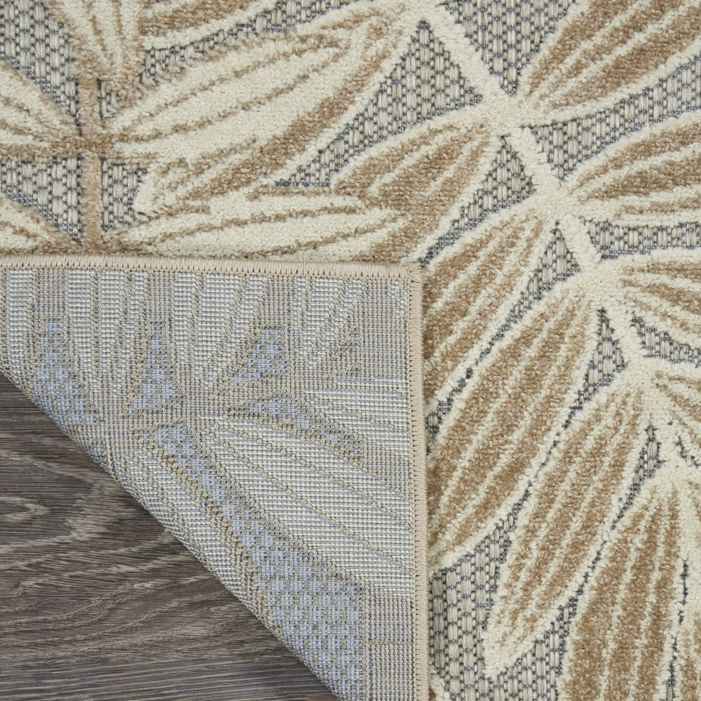 10' Beige Gray And Ivory Botanical Leaves Indoor Outdoor Runner Rug