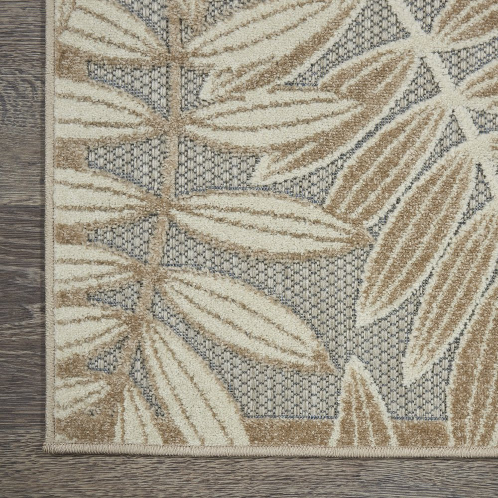 10' Beige Gray And Ivory Botanical Leaves Indoor Outdoor Runner Rug