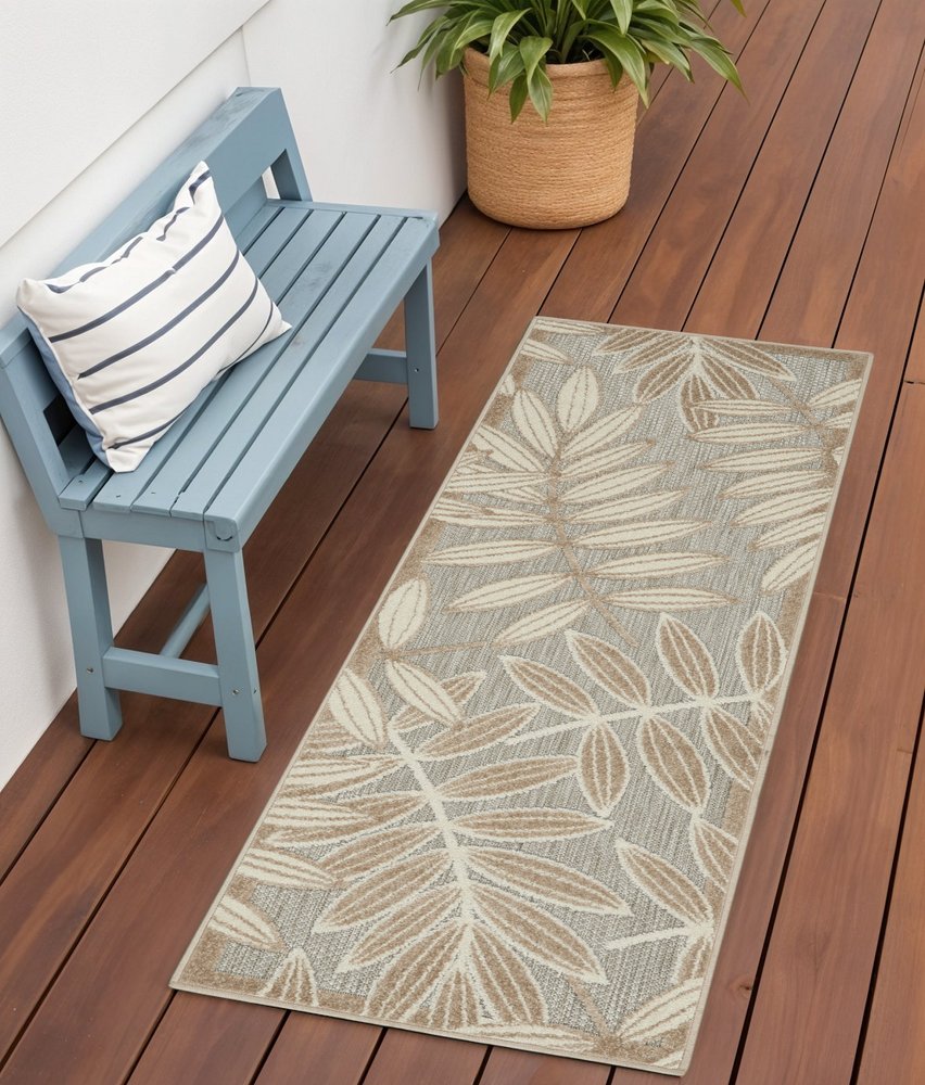 8' Beige Gray And Ivory Botanical Leaves Indoor Outdoor Runner Rug