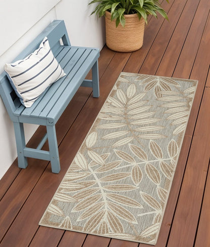 8' Beige Gray And Ivory Botanical Leaves Indoor Outdoor Runner Rug