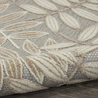10' Beige Gray And Ivory Botanical Leaves Indoor Outdoor Runner Rug