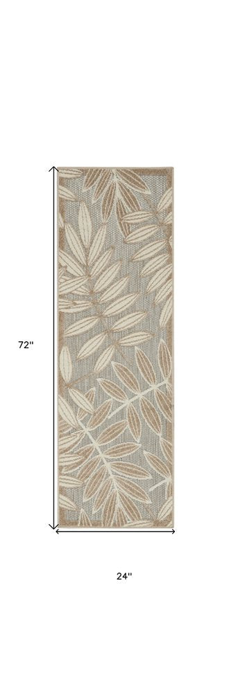 12' Gray And Ivory Floral Indoor Outdoor Runner Rug