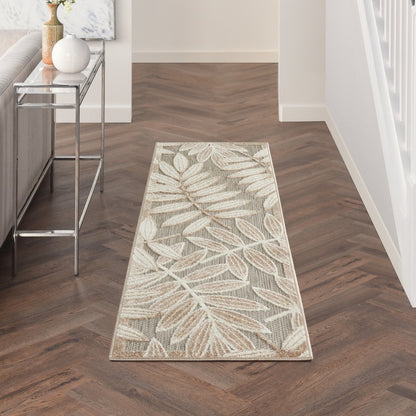 12' Gray And Ivory Floral Indoor Outdoor Runner Rug