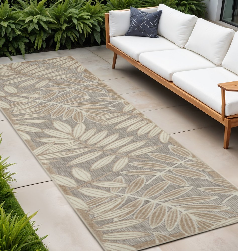 12' Gray And Ivory Floral Indoor Outdoor Runner Rug