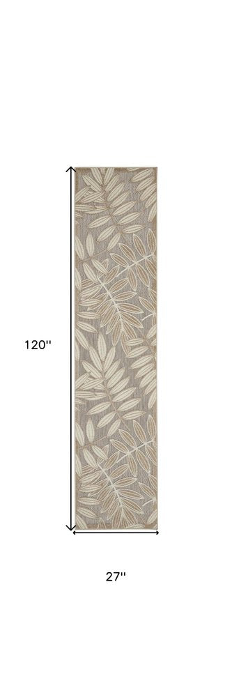 10' Beige Gray And Ivory Botanical Leaves Indoor Outdoor Runner Rug