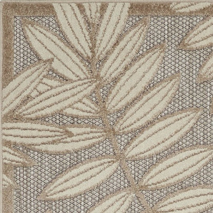 10' Beige Gray And Ivory Botanical Leaves Indoor Outdoor Runner Rug