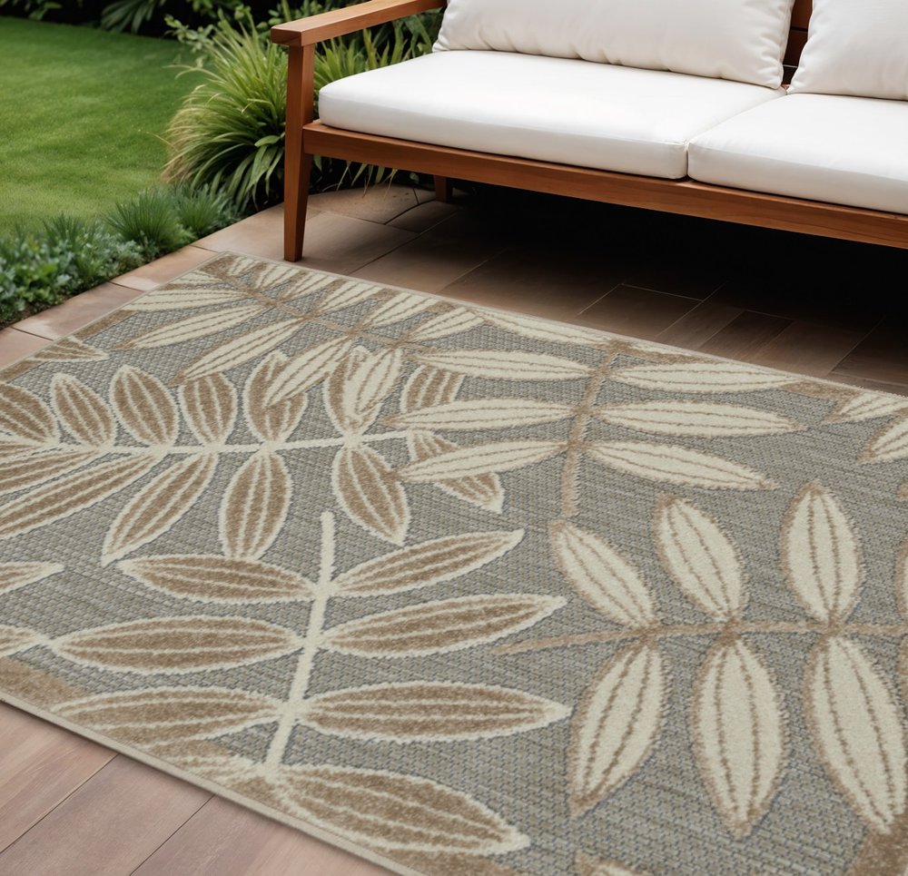 8' X 11' Beige Gray And Ivory Botanical Leaves Indoor Outdoor Area Rug