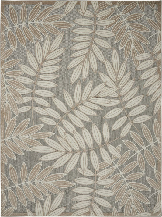 8' X 11' Beige Gray And Ivory Botanical Leaves Indoor Outdoor Area Rug