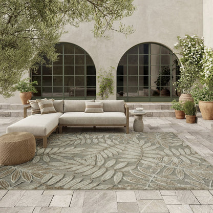 8' X 11' Beige Gray And Ivory Botanical Leaves Indoor Outdoor Area Rug