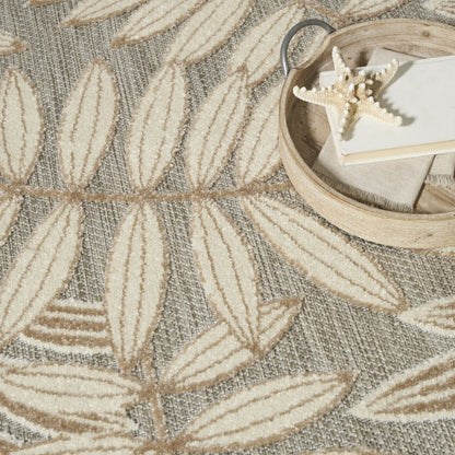 8' X 11' Beige Gray And Ivory Botanical Leaves Indoor Outdoor Area Rug