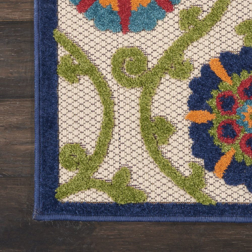 12' Ivory And Blue Indoor Outdoor Runner Rug