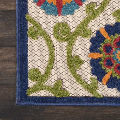 12' Ivory And Blue Indoor Outdoor Runner Rug
