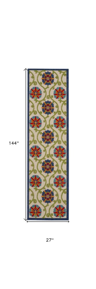 12' Ivory And Blue Indoor Outdoor Runner Rug