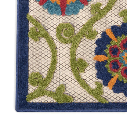 12' Ivory And Blue Indoor Outdoor Runner Rug