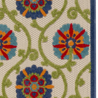 4' Ivory And Blue Round Indoor Outdoor Area Rug