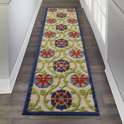 12' Ivory And Blue Indoor Outdoor Runner Rug
