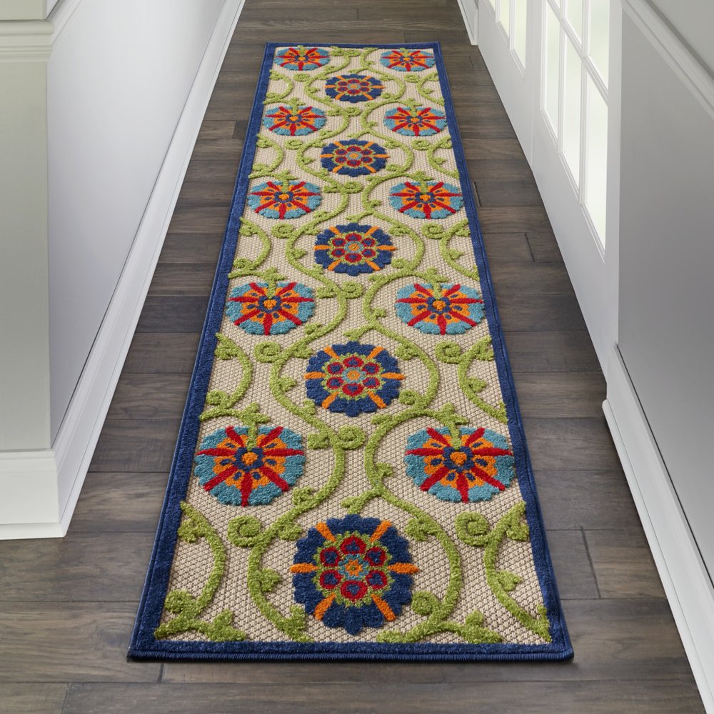 12' Ivory And Blue Indoor Outdoor Runner Rug