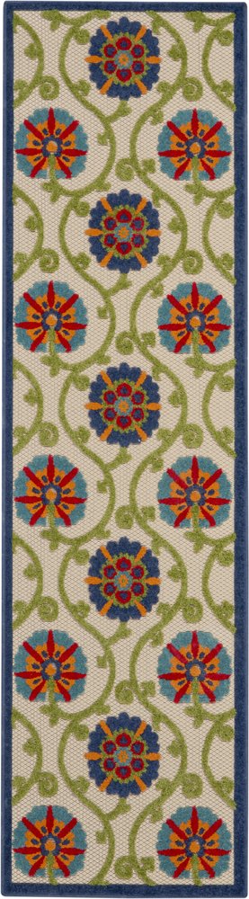 12' Ivory And Blue Indoor Outdoor Runner Rug