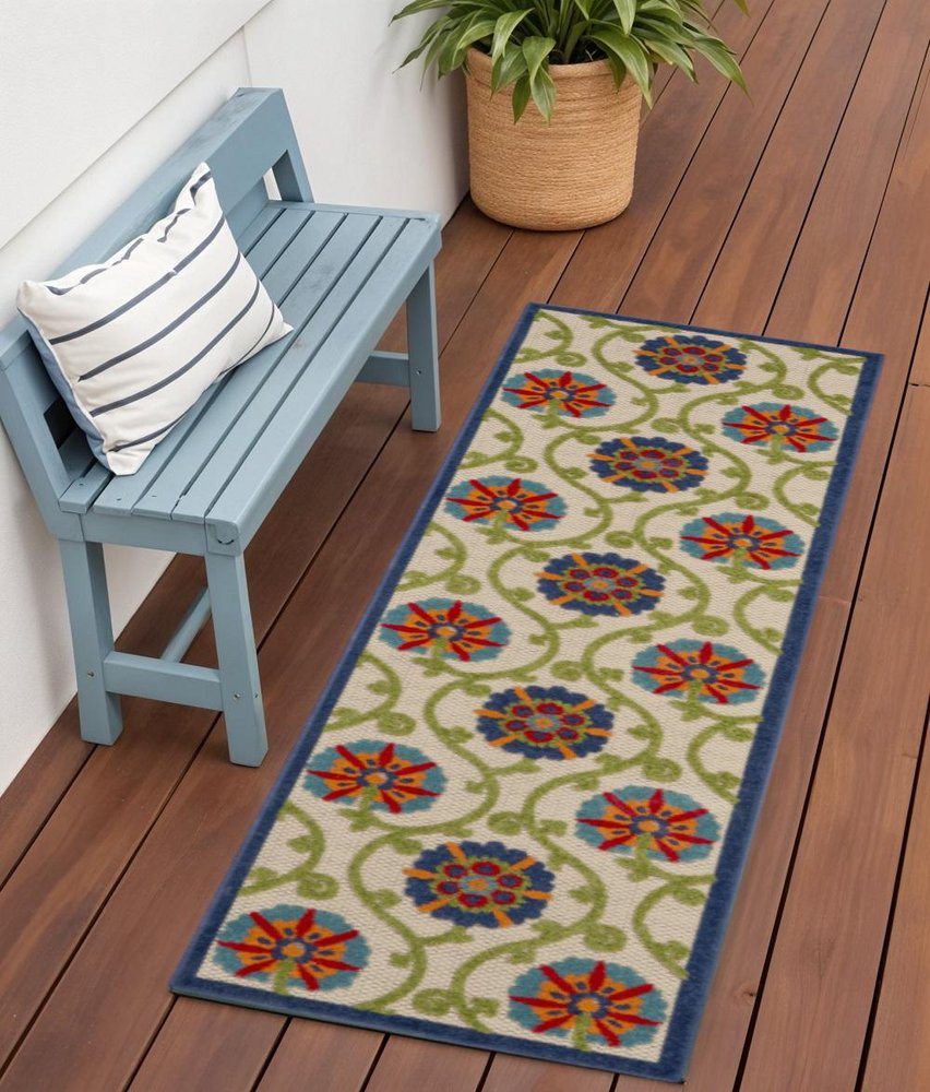 4' Ivory And Blue Round Indoor Outdoor Area Rug