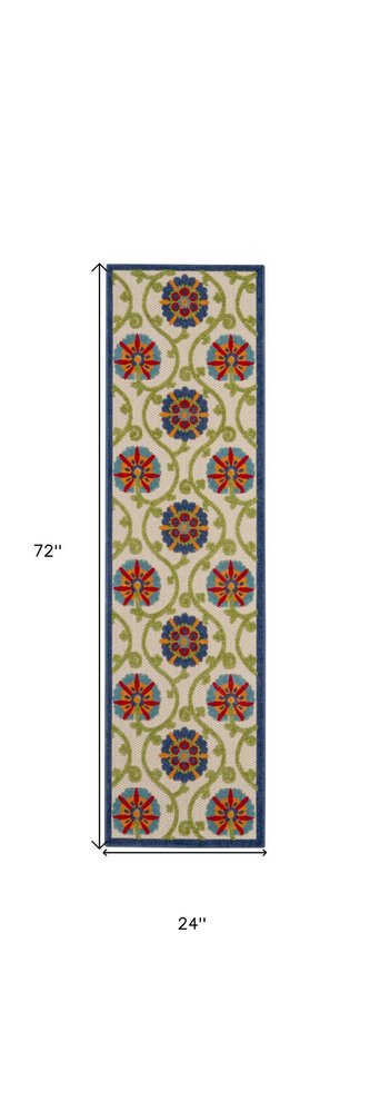 12' Ivory And Blue Indoor Outdoor Runner Rug