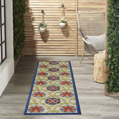12' Ivory And Blue Indoor Outdoor Runner Rug