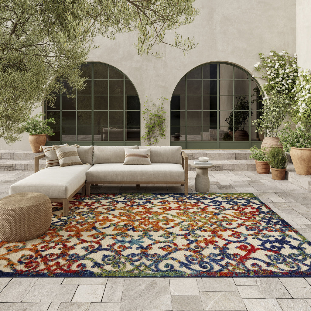 6' X 9' Ivory And Blue Indoor Outdoor Area Rug