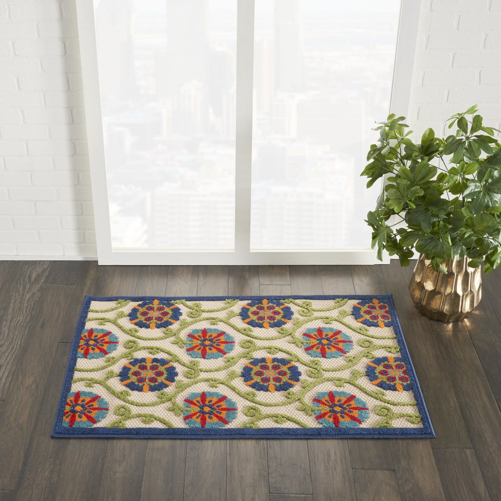 3' X 4' Ivory And Blue Indoor Outdoor Area Rug