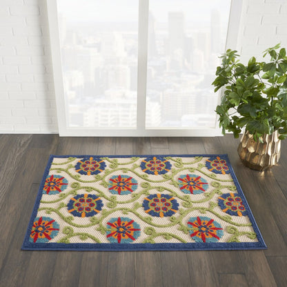 3' X 4' Ivory And Blue Indoor Outdoor Area Rug