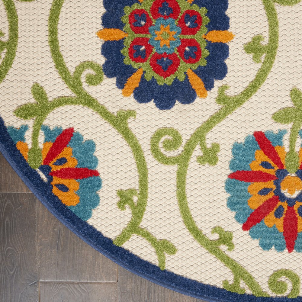 5' Ivory And Blue Round Indoor Outdoor Area Rug