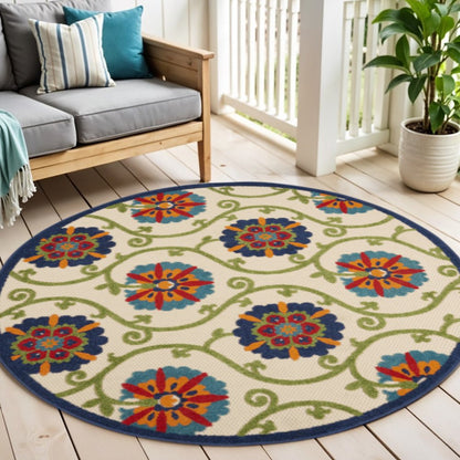 8' Ivory And Blue Round Indoor Outdoor Area Rug