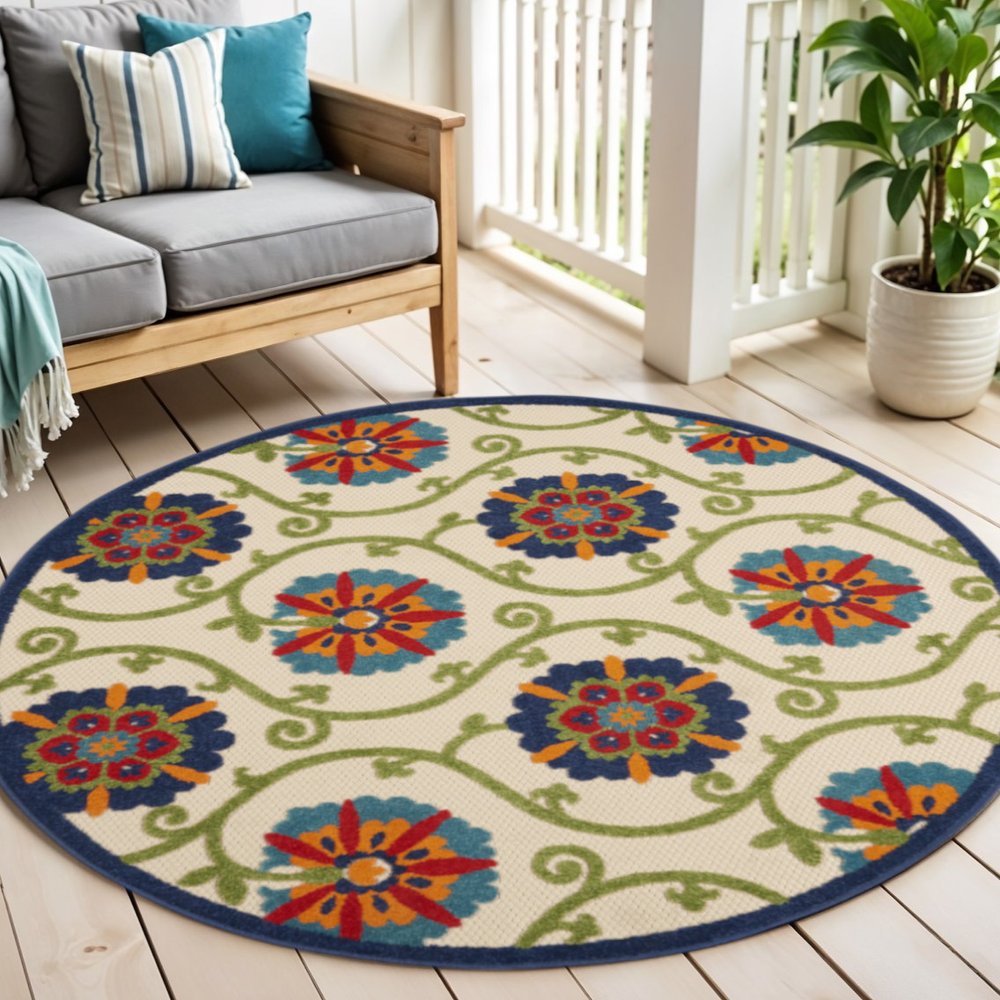 8' Ivory And Blue Round Indoor Outdoor Area Rug