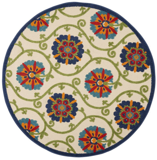 8' Ivory And Blue Round Indoor Outdoor Area Rug