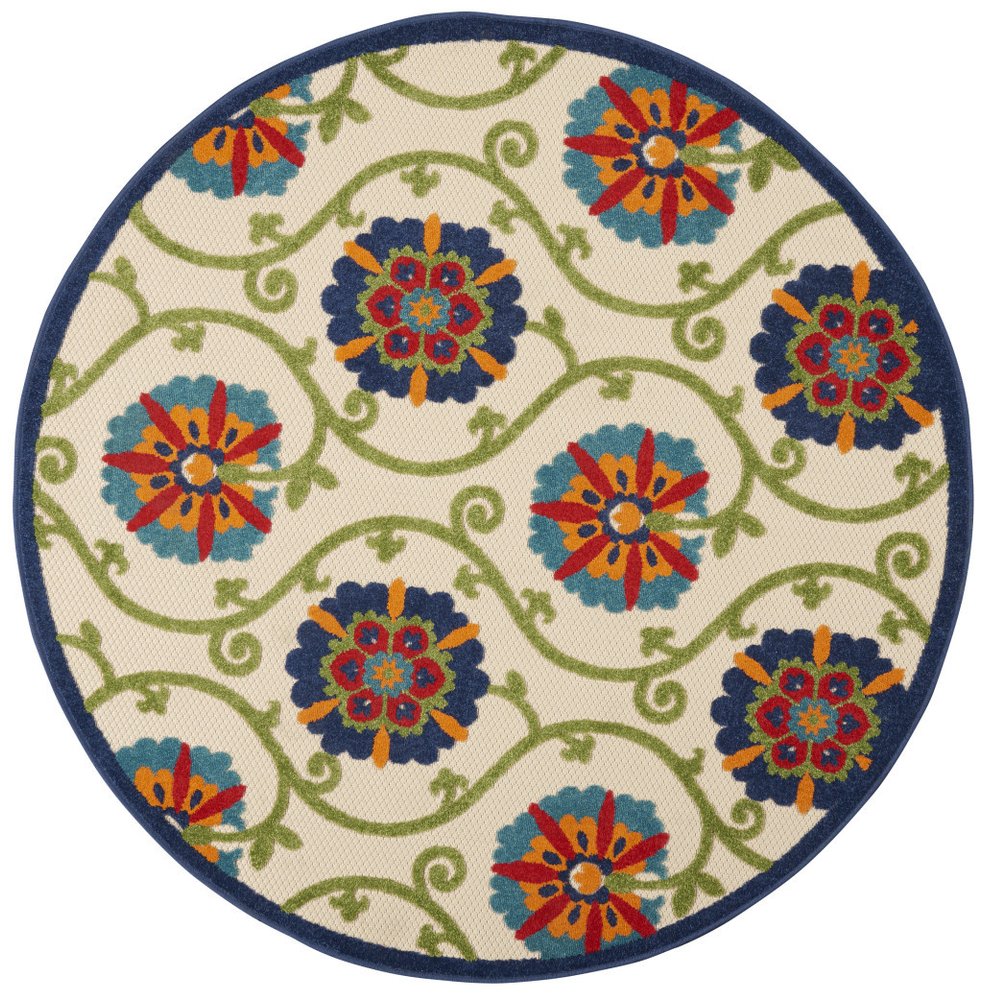 8' Ivory And Blue Round Indoor Outdoor Area Rug