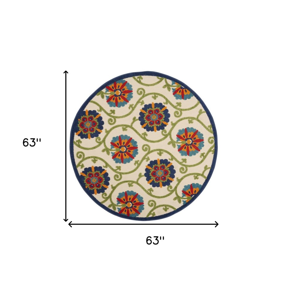 8' Ivory And Blue Round Indoor Outdoor Area Rug