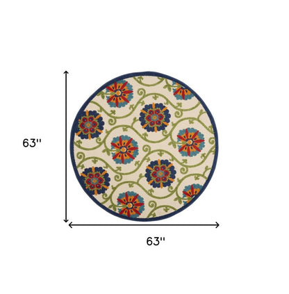 5' Ivory And Blue Round Indoor Outdoor Area Rug