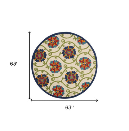 5' Ivory And Blue Round Indoor Outdoor Area Rug