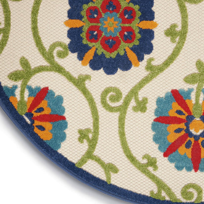 8' Ivory And Blue Round Indoor Outdoor Area Rug