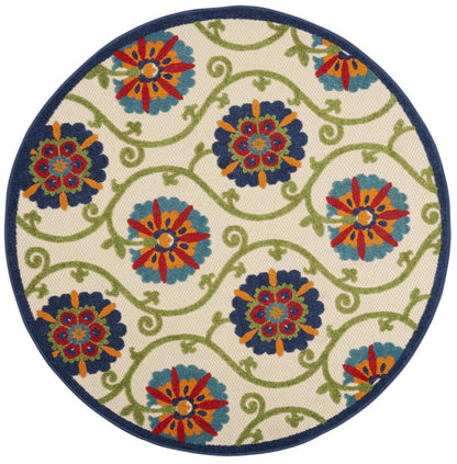 8' Ivory And Blue Round Indoor Outdoor Area Rug