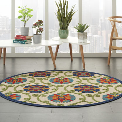 8' Ivory And Blue Round Indoor Outdoor Area Rug