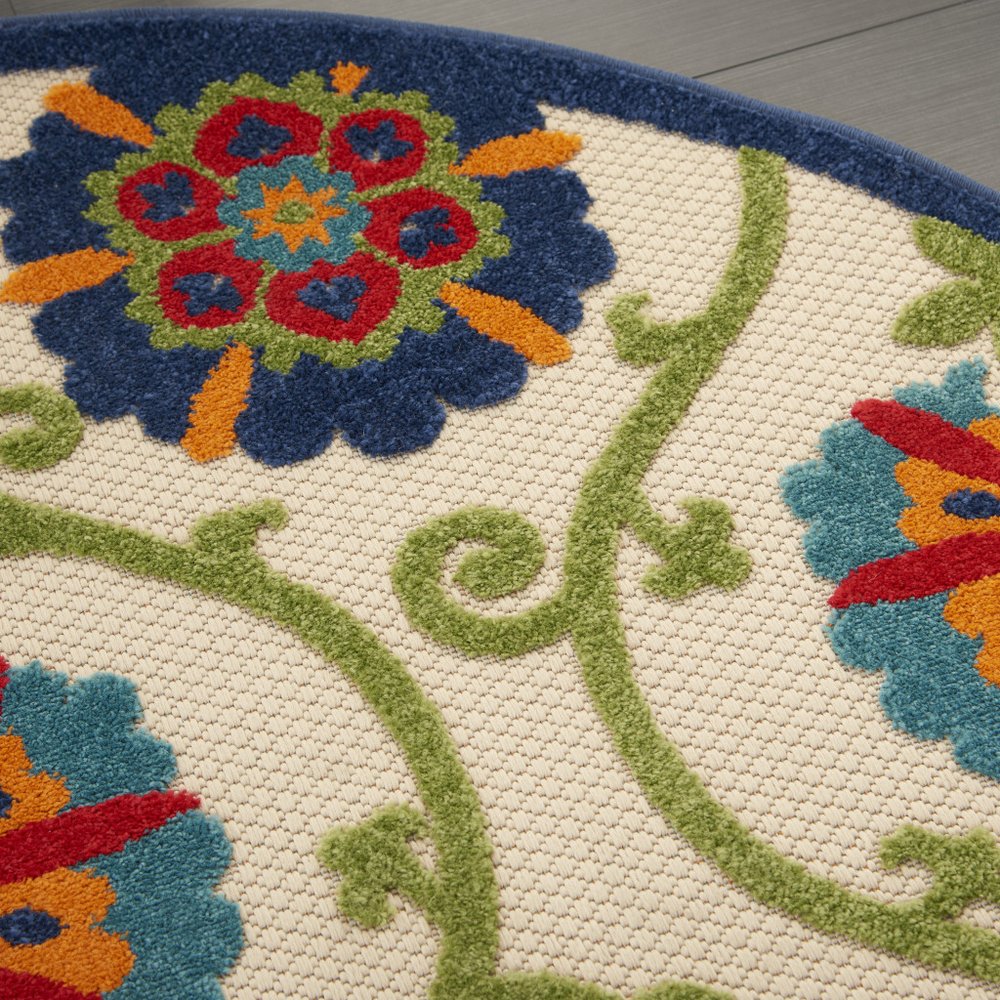 5' Ivory And Blue Round Indoor Outdoor Area Rug