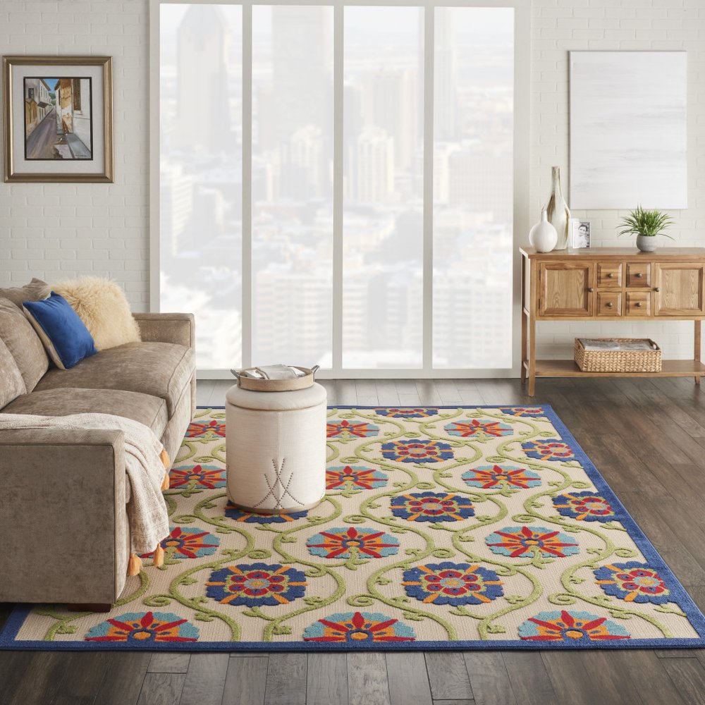 6' X 9' Ivory And Blue Indoor Outdoor Area Rug