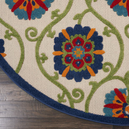 5' Ivory And Blue Round Indoor Outdoor Area Rug