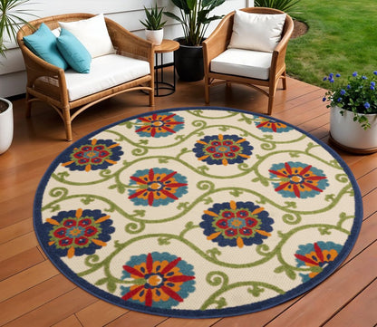8' Ivory And Blue Round Indoor Outdoor Area Rug