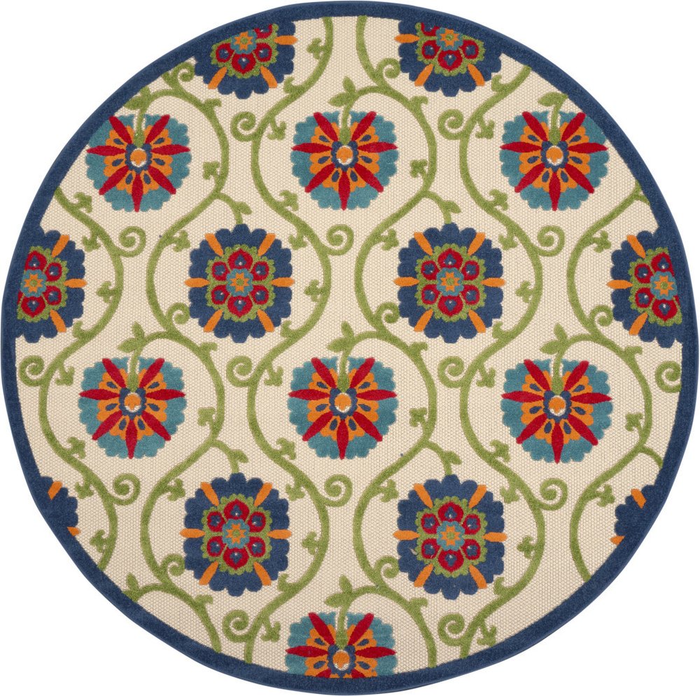 8' Ivory And Blue Round Indoor Outdoor Area Rug