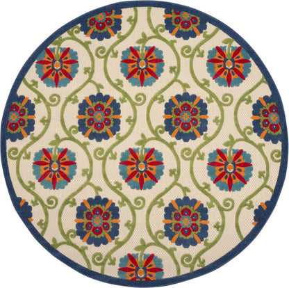 8' Ivory And Blue Round Indoor Outdoor Area Rug
