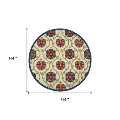 8' Ivory And Blue Round Indoor Outdoor Area Rug