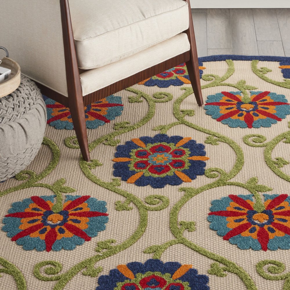 5' Ivory And Blue Round Indoor Outdoor Area Rug