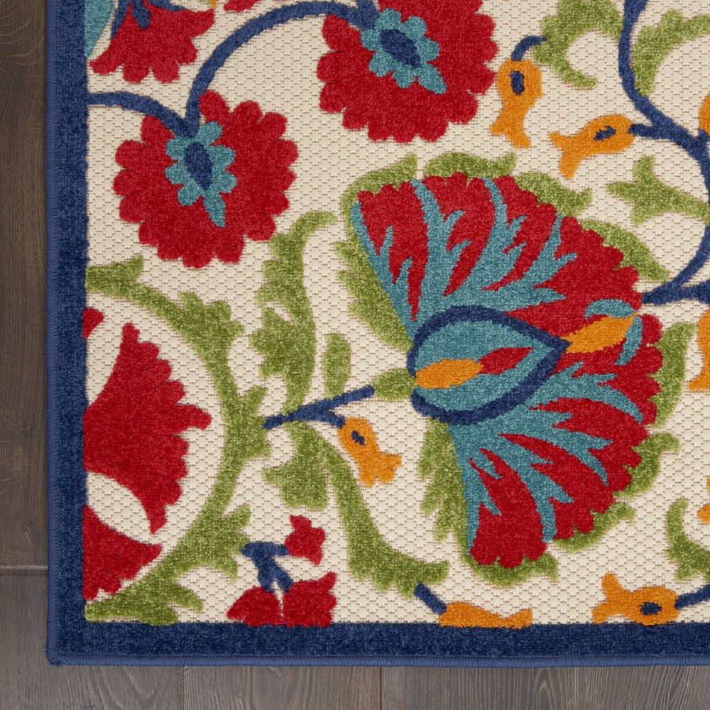 5' Red And Ivory Round Floral Indoor Outdoor Area Rug